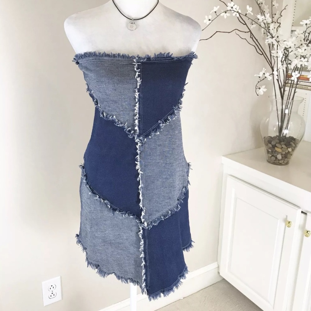 Boho Stretch Denim Fringe Strapless Dress M